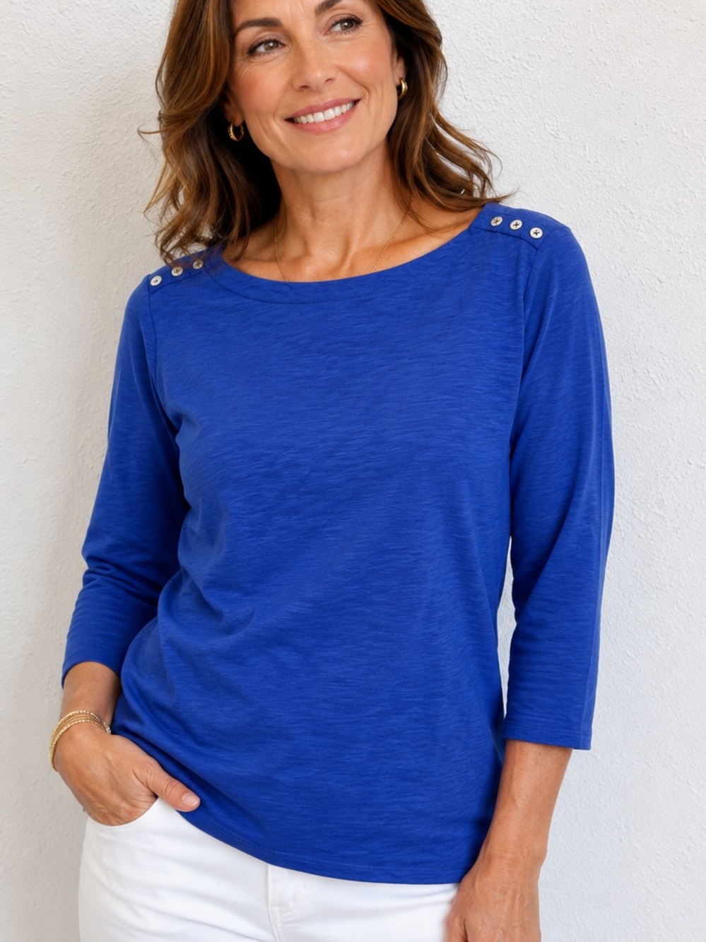 Chico's 100 %cotton Cobalt Blue Boatneck Long Sleeve Top with Shoulder Buttons L